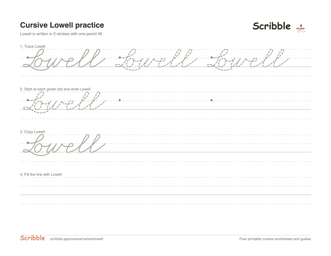 Preview of the printable Lowell in cursive worksheet: trace, copy, and practice rows