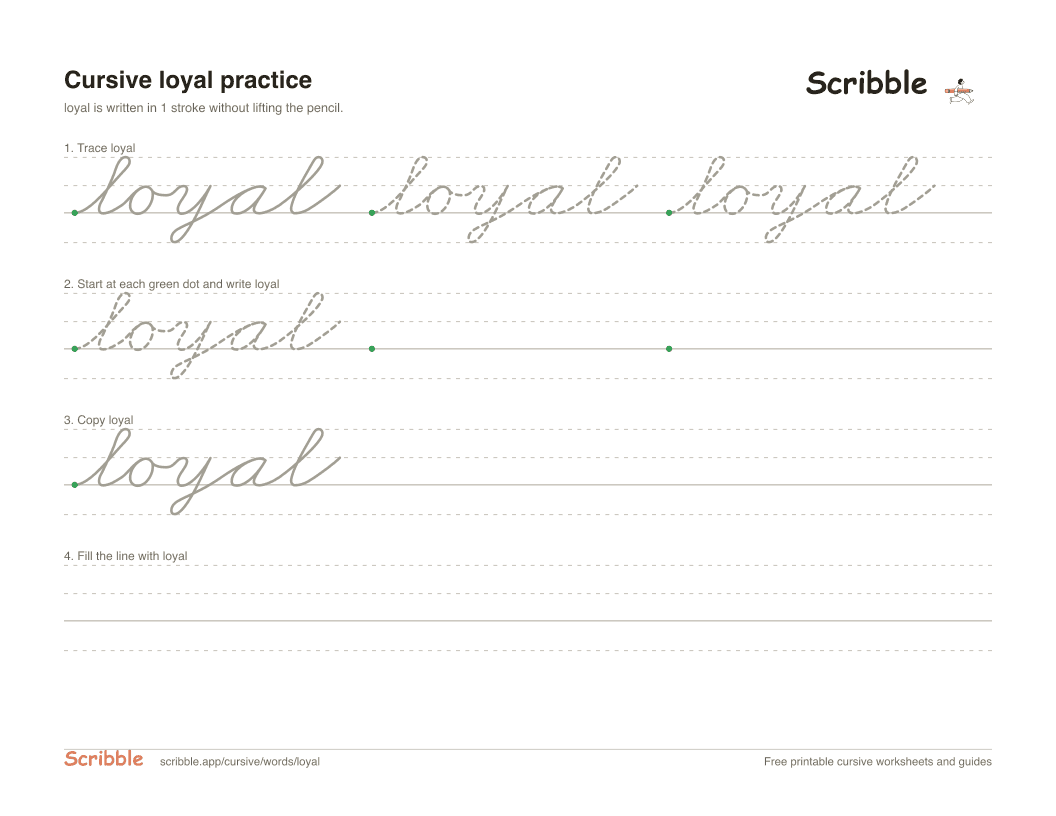Preview of the printable loyal in cursive worksheet: trace, copy, and practice rows