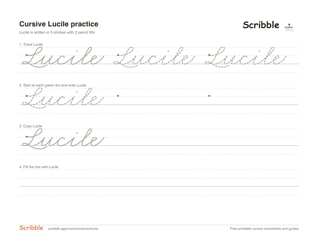 Preview of the printable Lucile in cursive worksheet: trace, copy, and practice rows