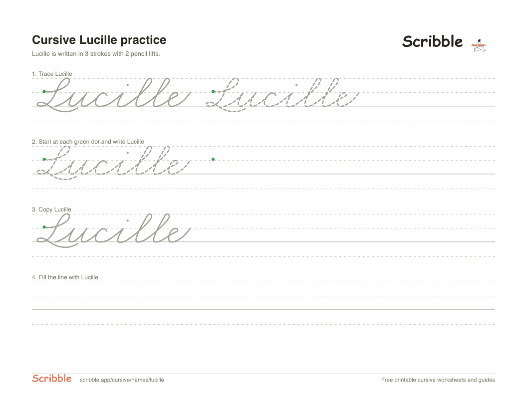 Preview of the printable Lucille in cursive worksheet: trace, copy, and practice rows