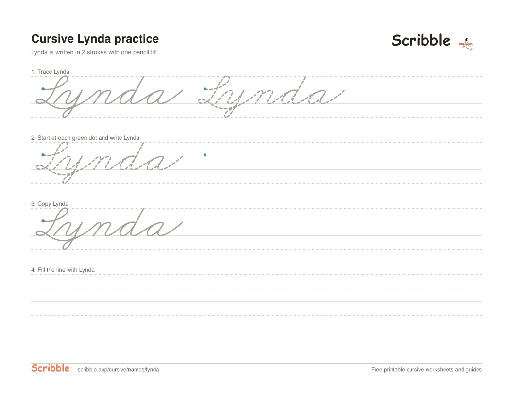 Preview of the printable Lynda in cursive worksheet: trace, copy, and practice rows