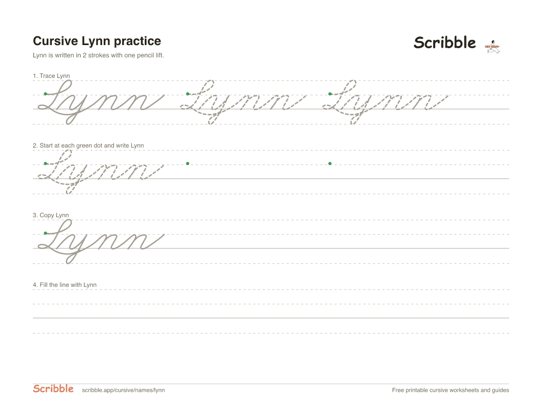 Preview of the printable Lynn in cursive worksheet: trace, copy, and practice rows