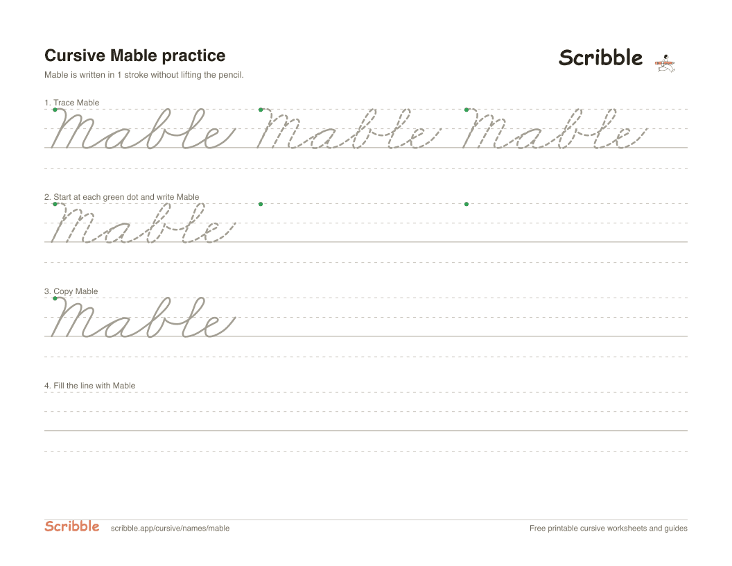 Preview of the printable Mable in cursive worksheet: trace, copy, and practice rows