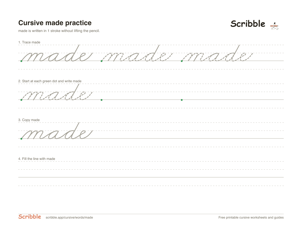 Preview of the printable made in cursive worksheet: trace, copy, and practice rows