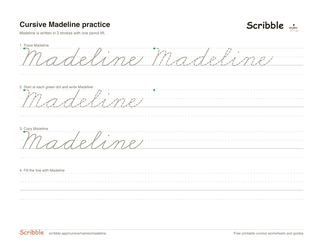 Preview of the printable Madeline in cursive worksheet: trace, copy, and practice rows