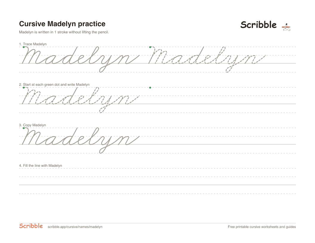 Preview of the printable Madelyn in cursive worksheet: trace, copy, and practice rows