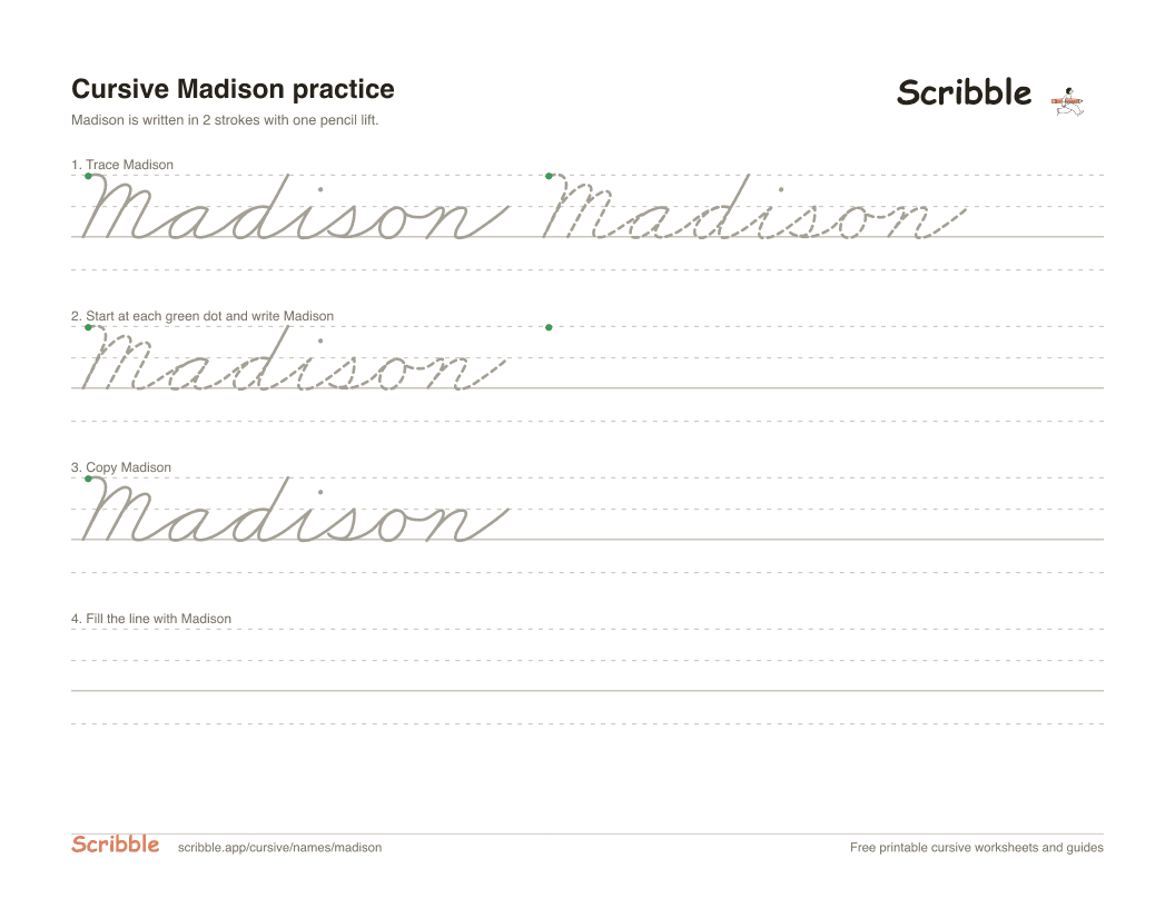 Preview of the printable Madison in cursive worksheet: trace, copy, and practice rows