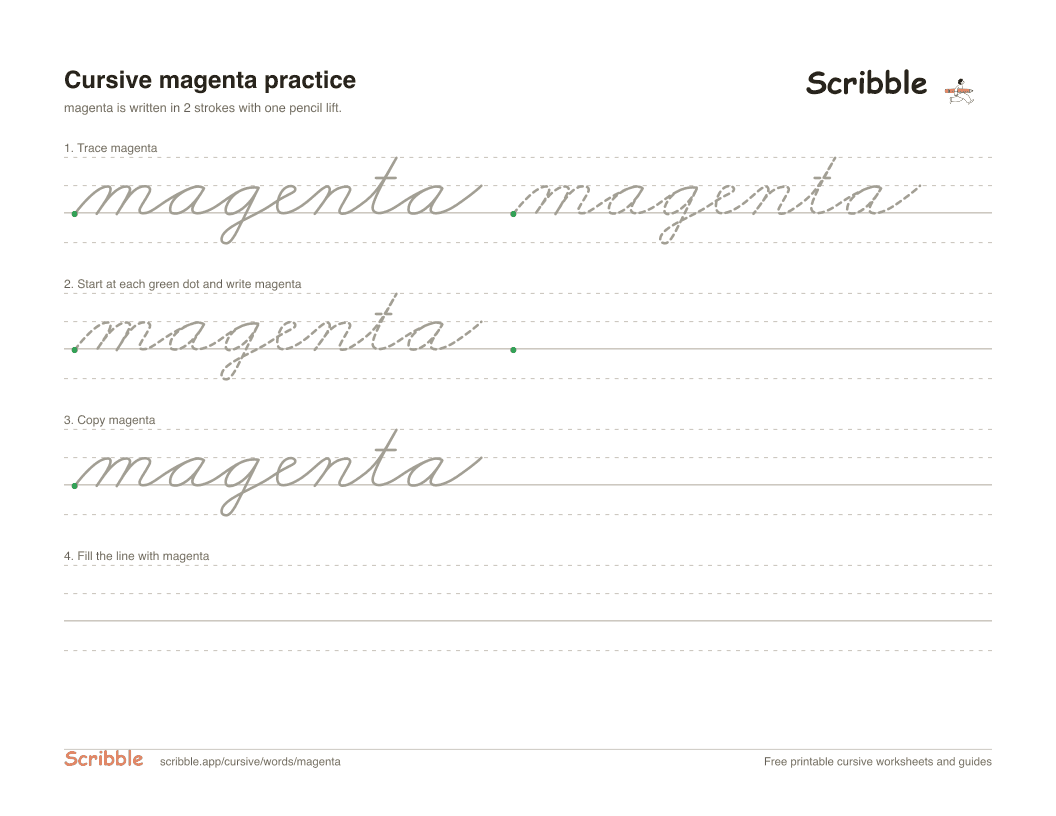 Preview of the printable magenta in cursive worksheet: trace, copy, and practice rows