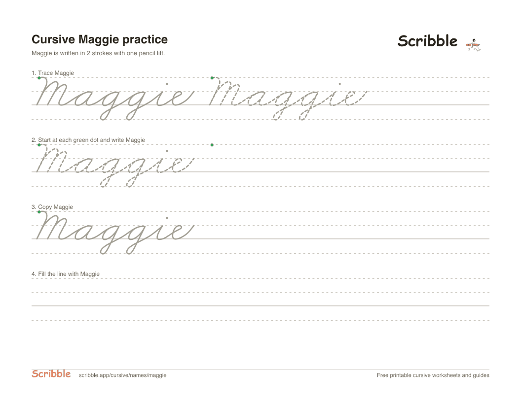 Preview of the printable Maggie in cursive worksheet: trace, copy, and practice rows