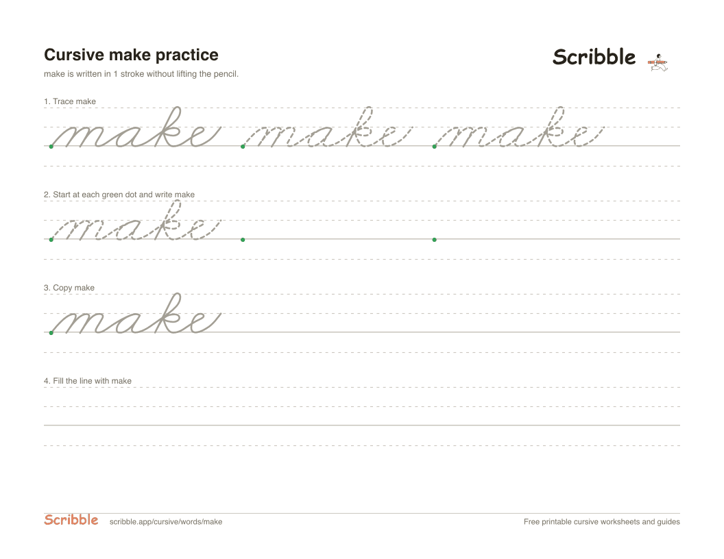 Preview of the printable make in cursive worksheet: trace, copy, and practice rows