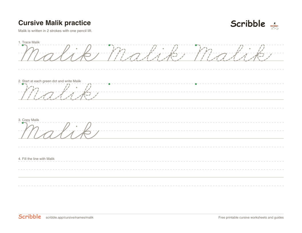 Preview of the printable Malik in cursive worksheet: trace, copy, and practice rows