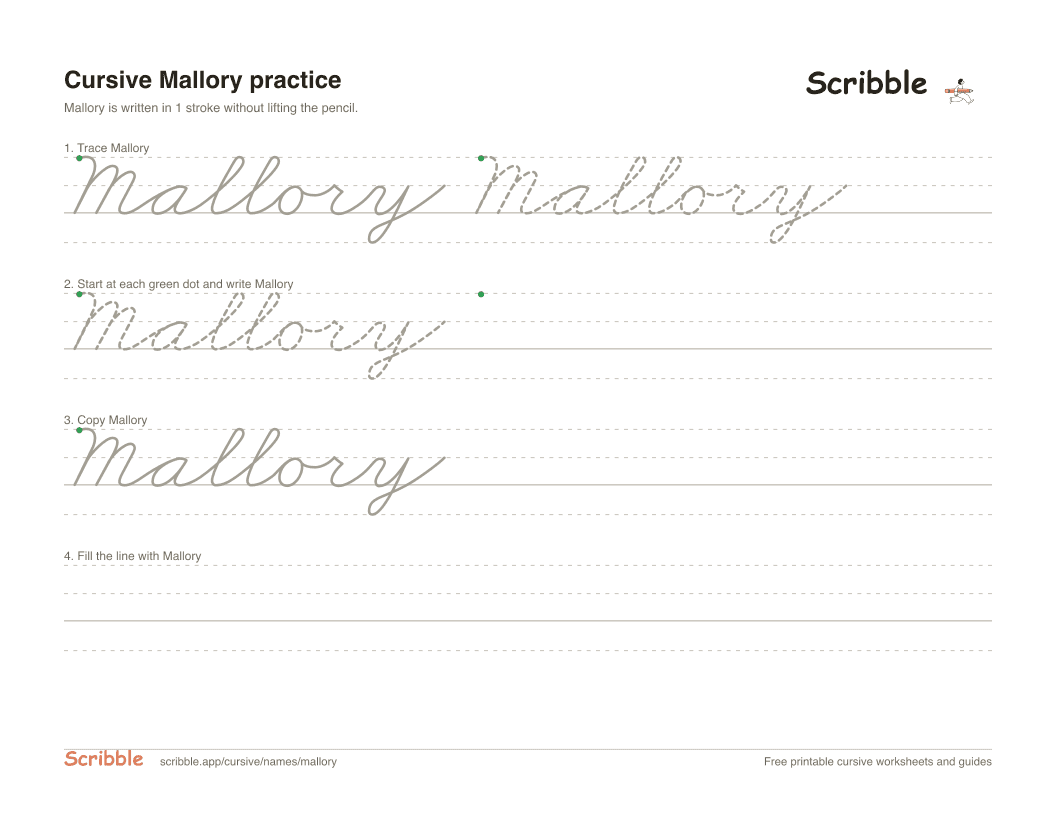 Preview of the printable Mallory in cursive worksheet: trace, copy, and practice rows
