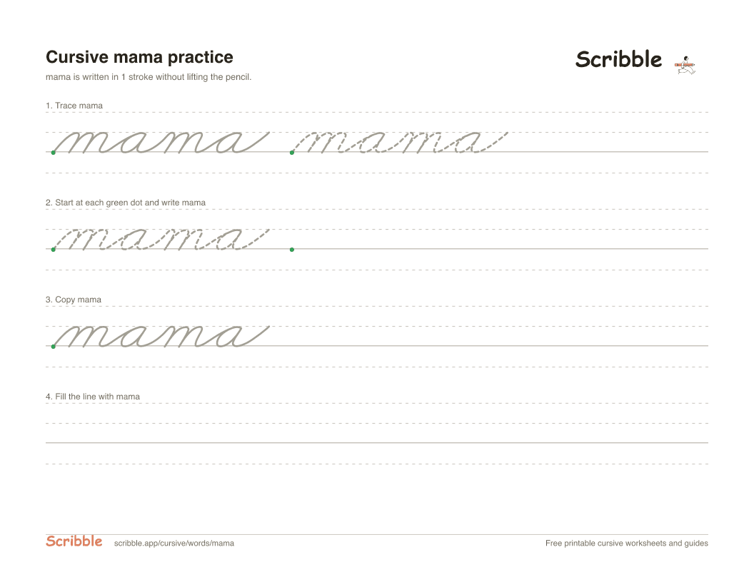Preview of the printable mama in cursive worksheet: trace, copy, and practice rows