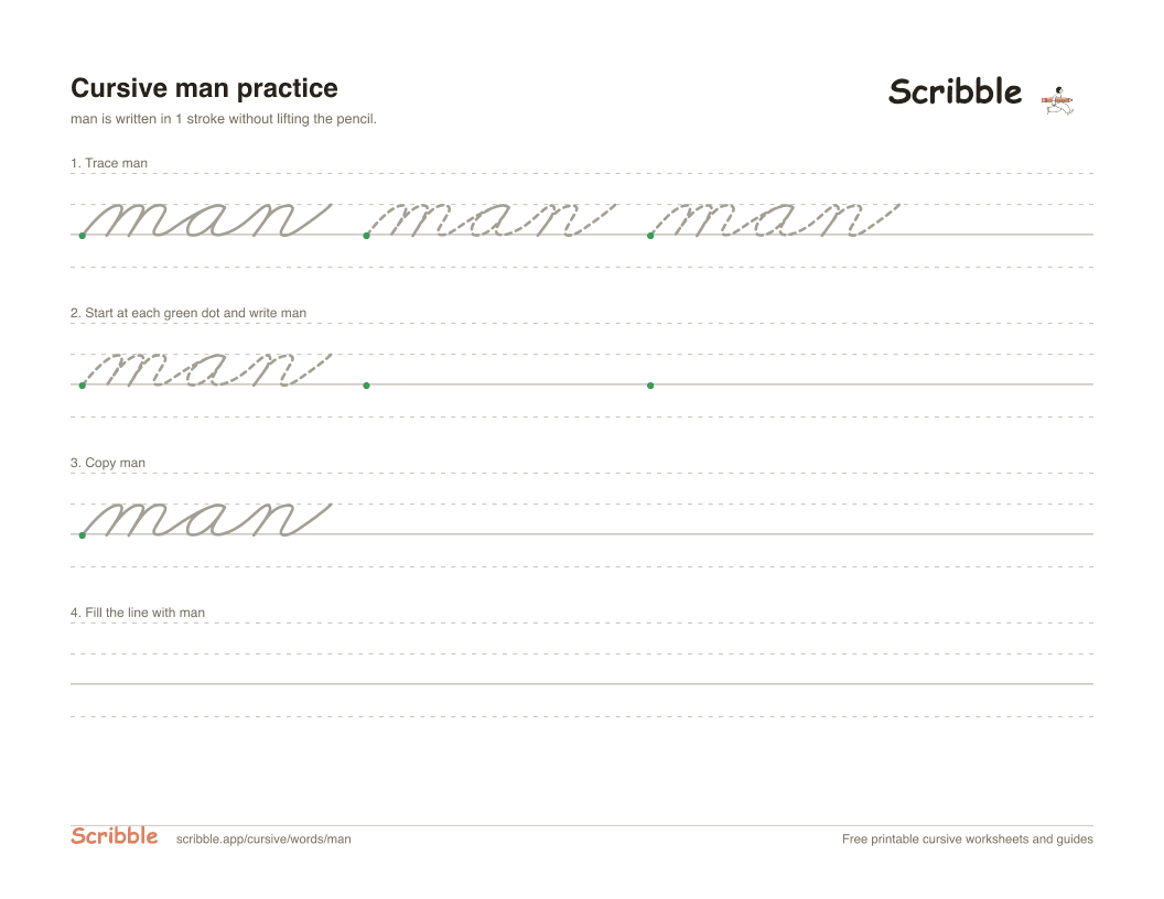 Preview of the printable man in cursive worksheet: trace, copy, and practice rows