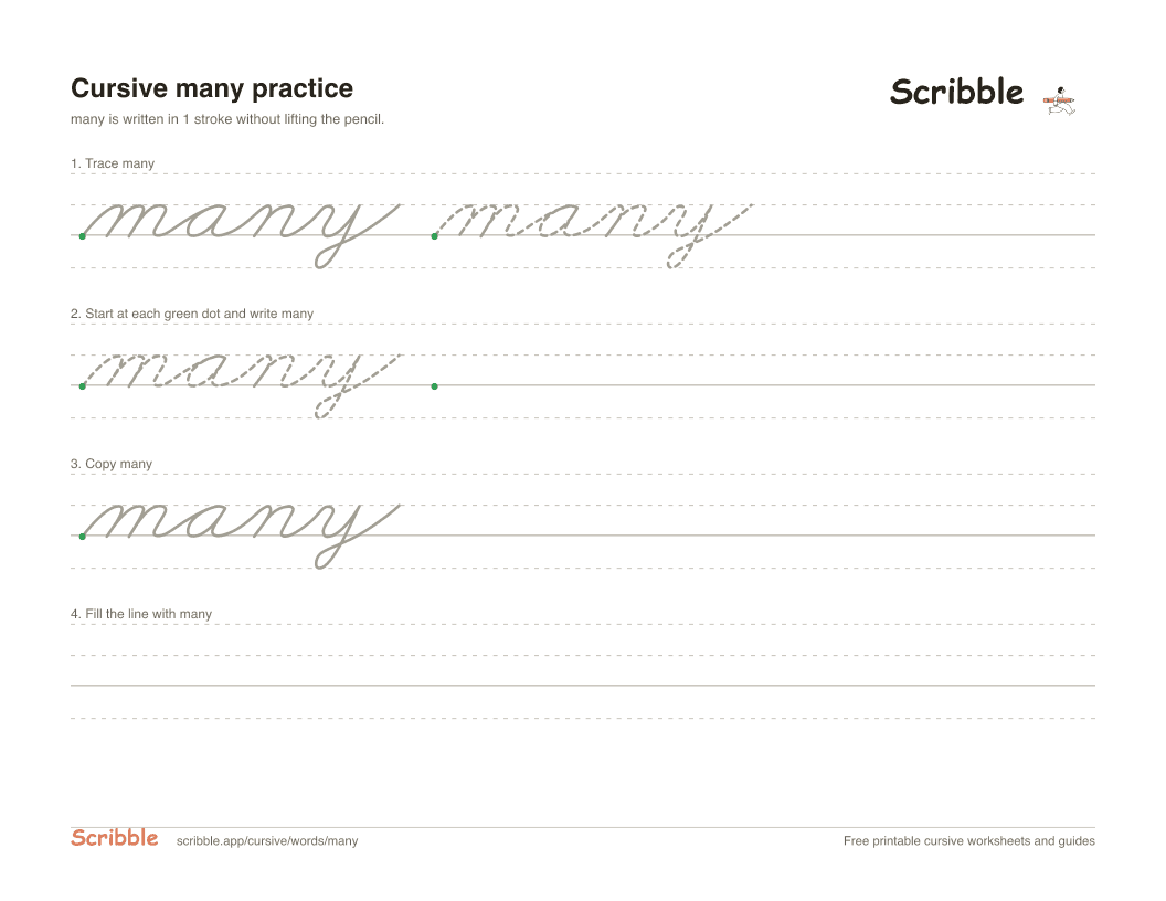 Preview of the printable many in cursive worksheet: trace, copy, and practice rows