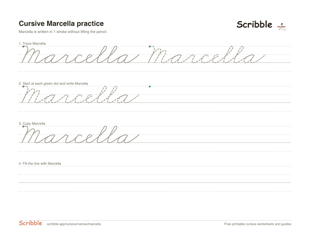 Preview of the printable Marcella in cursive worksheet: trace, copy, and practice rows