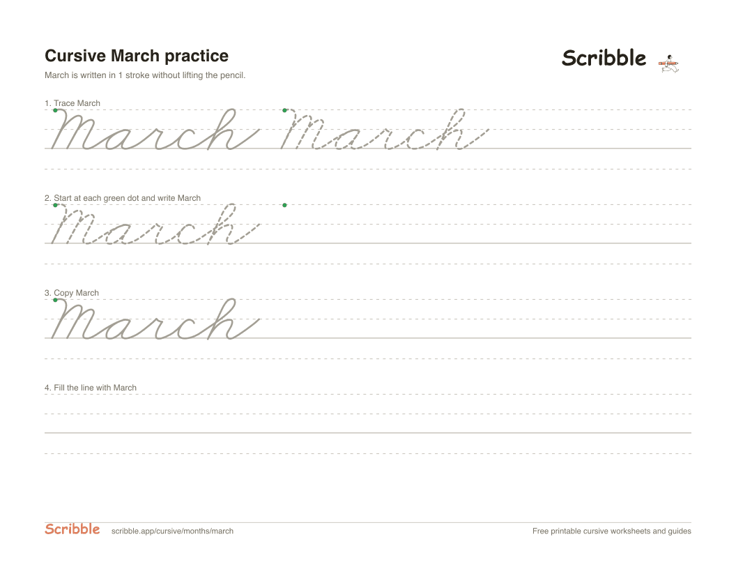 Preview of the printable March in cursive worksheet: trace, copy, and practice rows