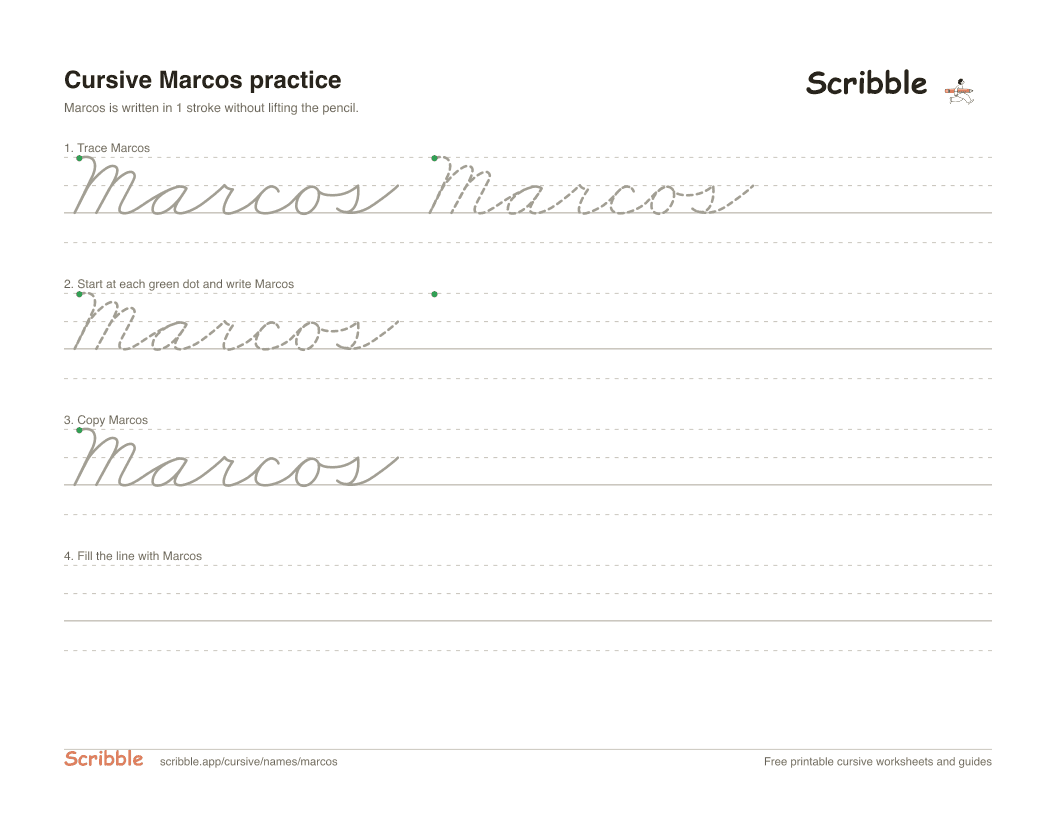 Preview of the printable Marcos in cursive worksheet: trace, copy, and practice rows