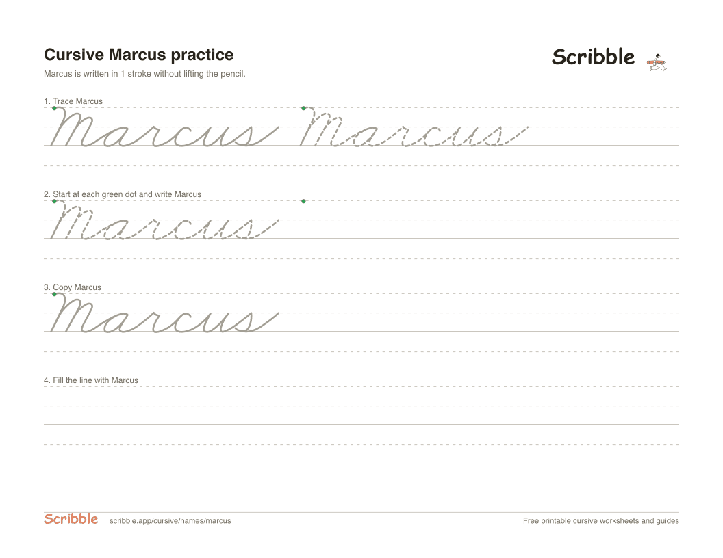 Preview of the printable Marcus in cursive worksheet: trace, copy, and practice rows