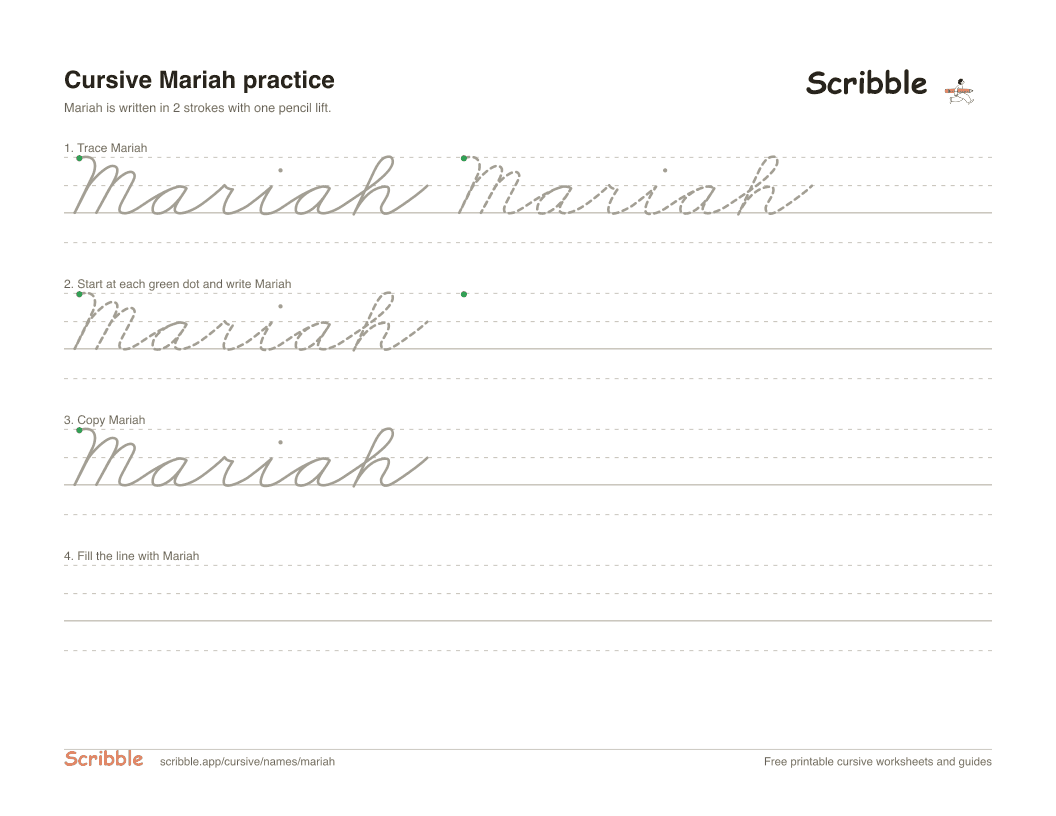Preview of the printable Mariah in cursive worksheet: trace, copy, and practice rows