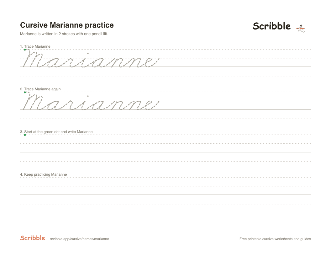 Preview of the printable Marianne in cursive worksheet: trace, copy, and practice rows