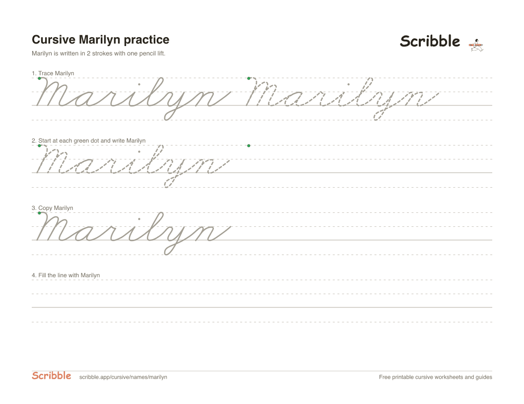 Preview of the printable Marilyn in cursive worksheet: trace, copy, and practice rows