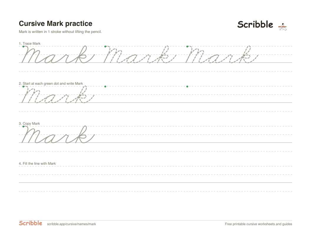 Preview of the printable Mark in cursive worksheet: trace, copy, and practice rows