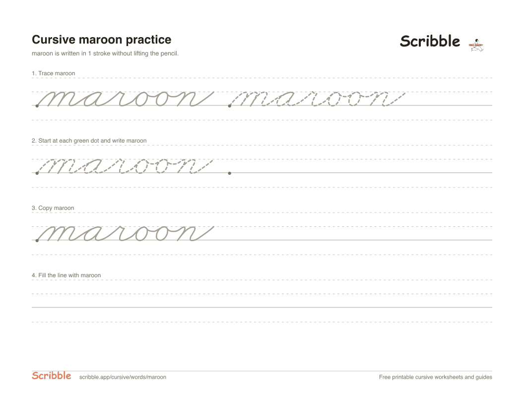 Preview of the printable maroon in cursive worksheet: trace, copy, and practice rows
