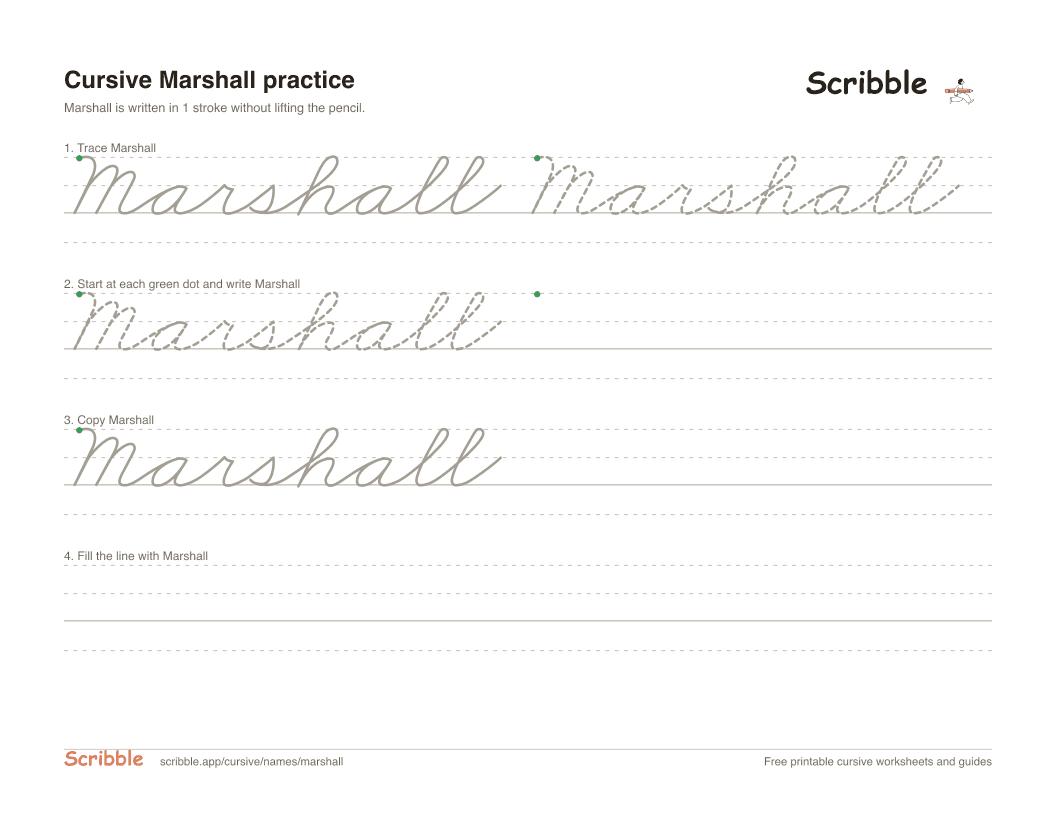 Preview of the printable Marshall in cursive worksheet: trace, copy, and practice rows