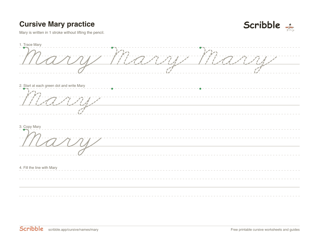 Preview of the printable Mary in cursive worksheet: trace, copy, and practice rows