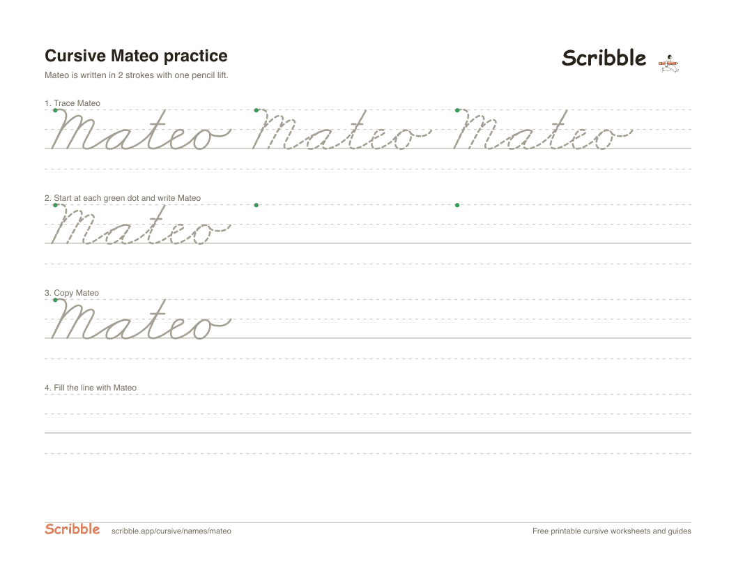 Preview of the printable Mateo in cursive worksheet: trace, copy, and practice rows