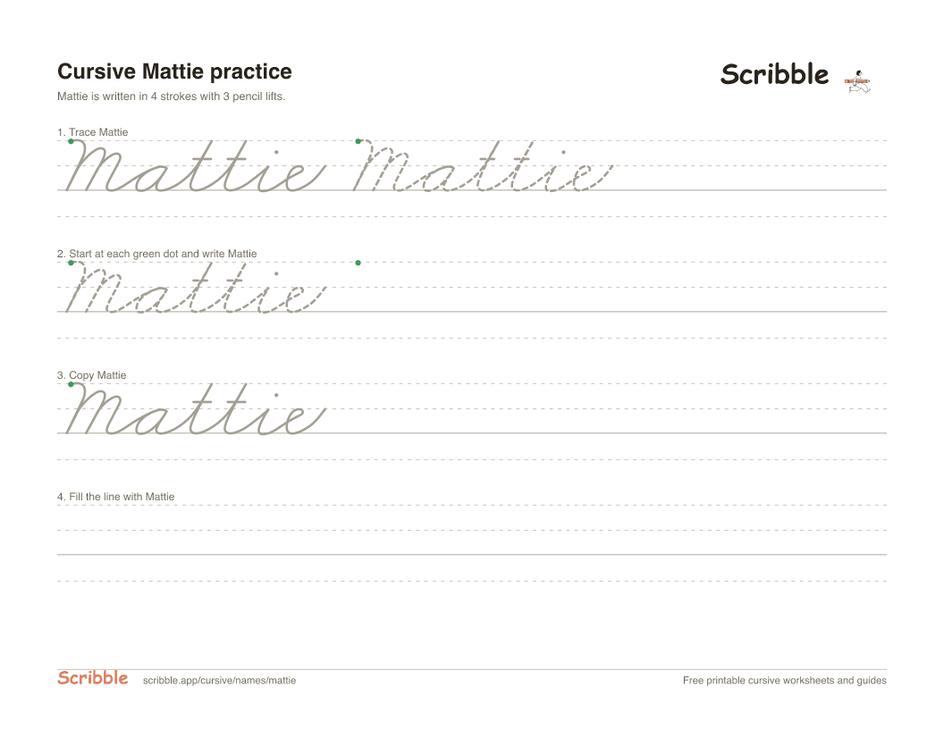 Preview of the printable Mattie in cursive worksheet: trace, copy, and practice rows