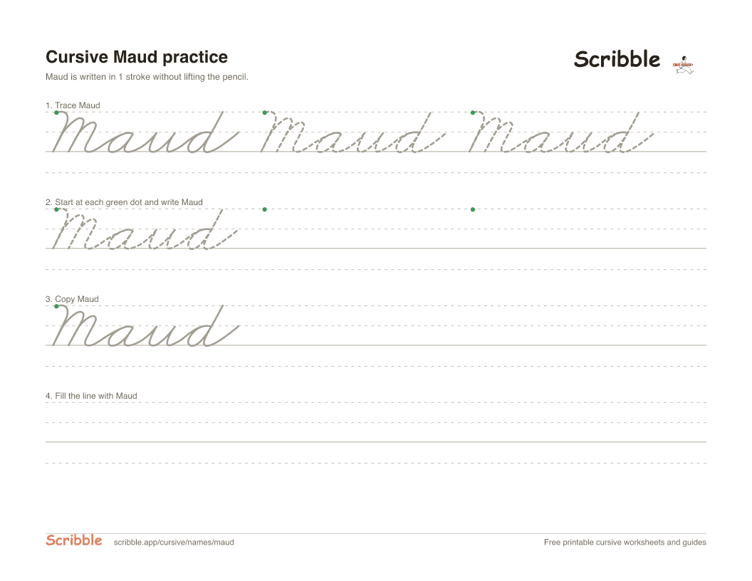 Preview of the printable Maud in cursive worksheet: trace, copy, and practice rows