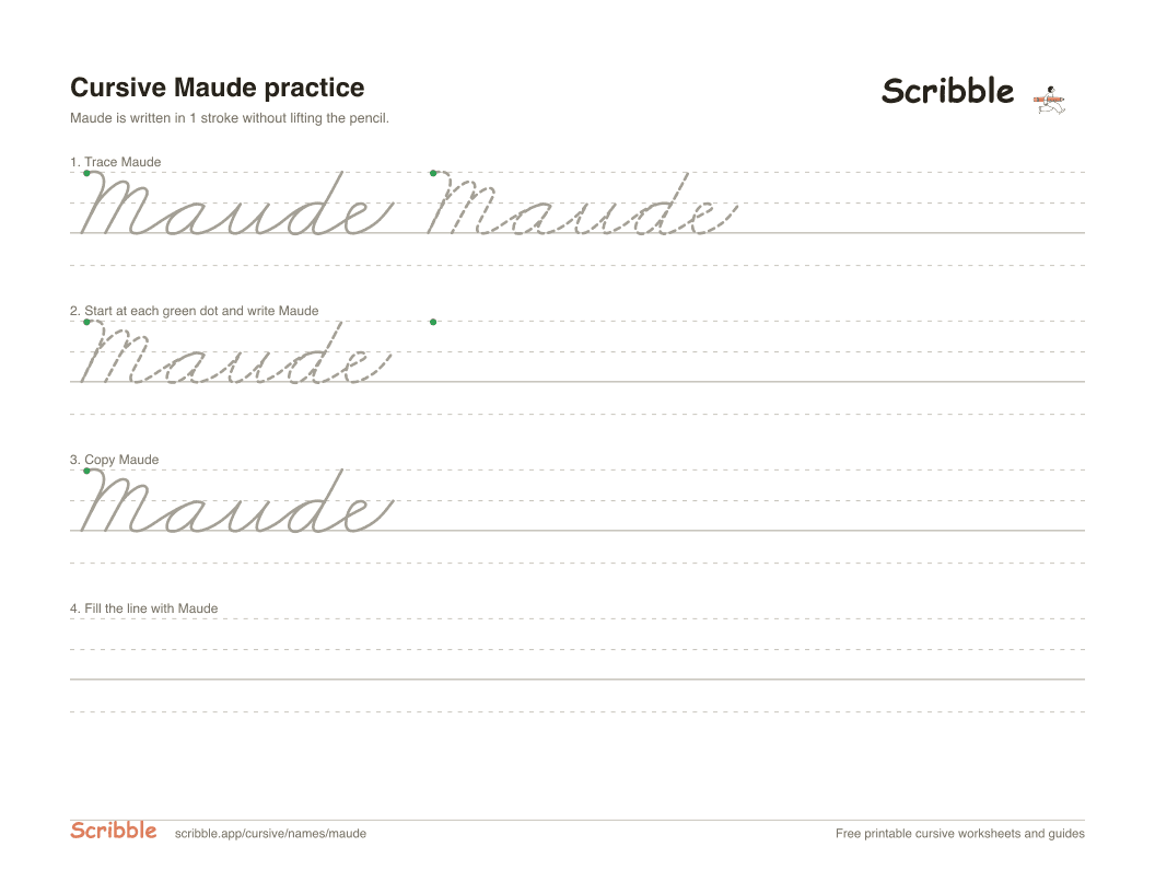 Preview of the printable Maude in cursive worksheet: trace, copy, and practice rows