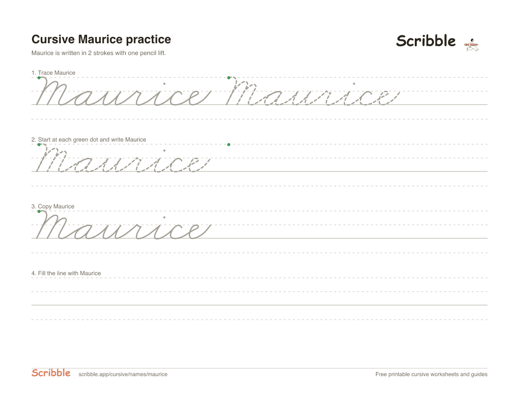 Preview of the printable Maurice in cursive worksheet: trace, copy, and practice rows