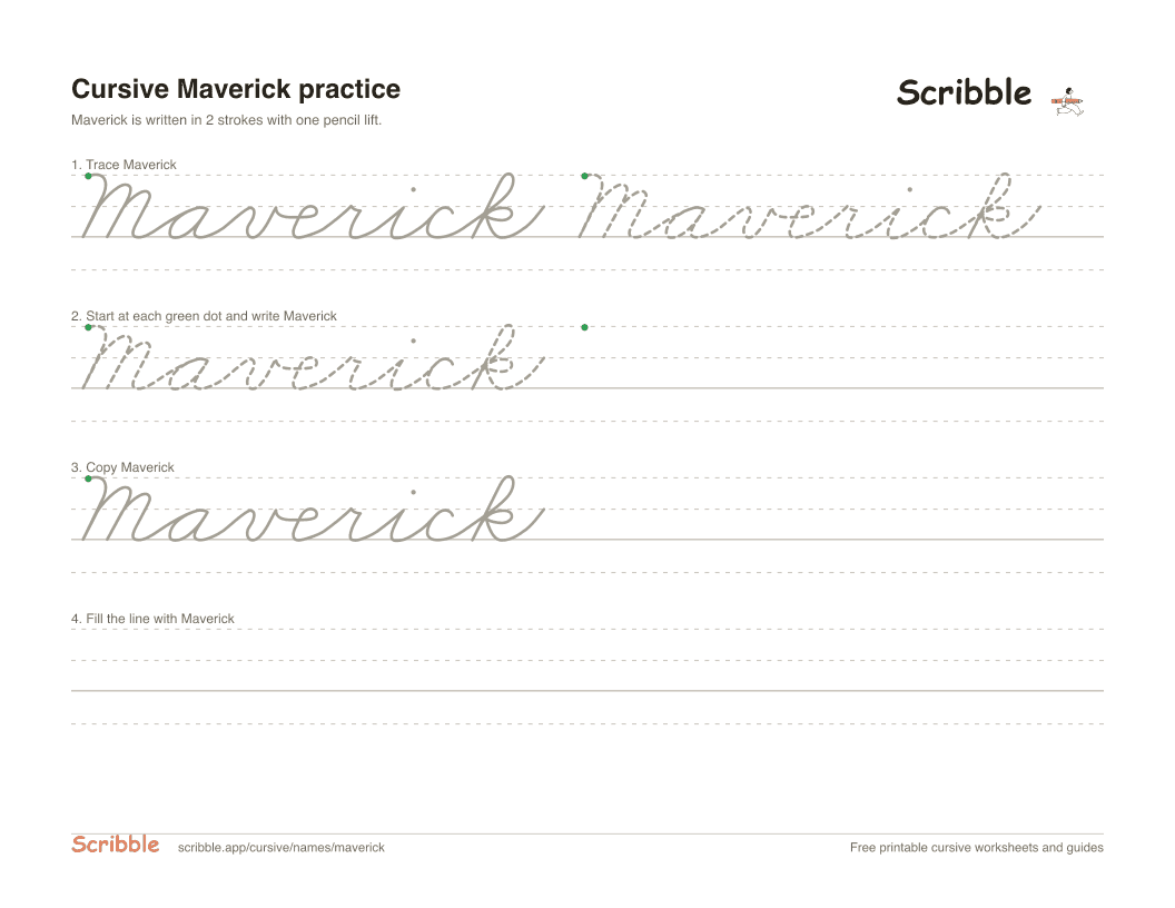 Preview of the printable Maverick in cursive worksheet: trace, copy, and practice rows