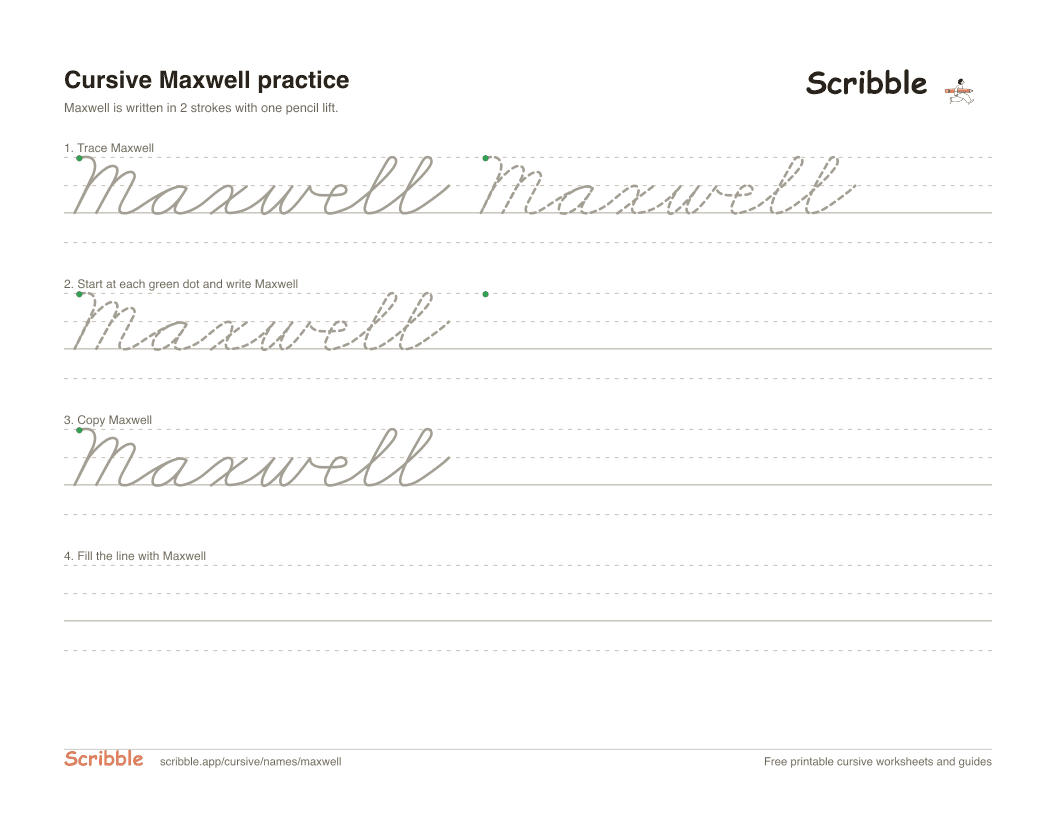 Preview of the printable Maxwell in cursive worksheet: trace, copy, and practice rows