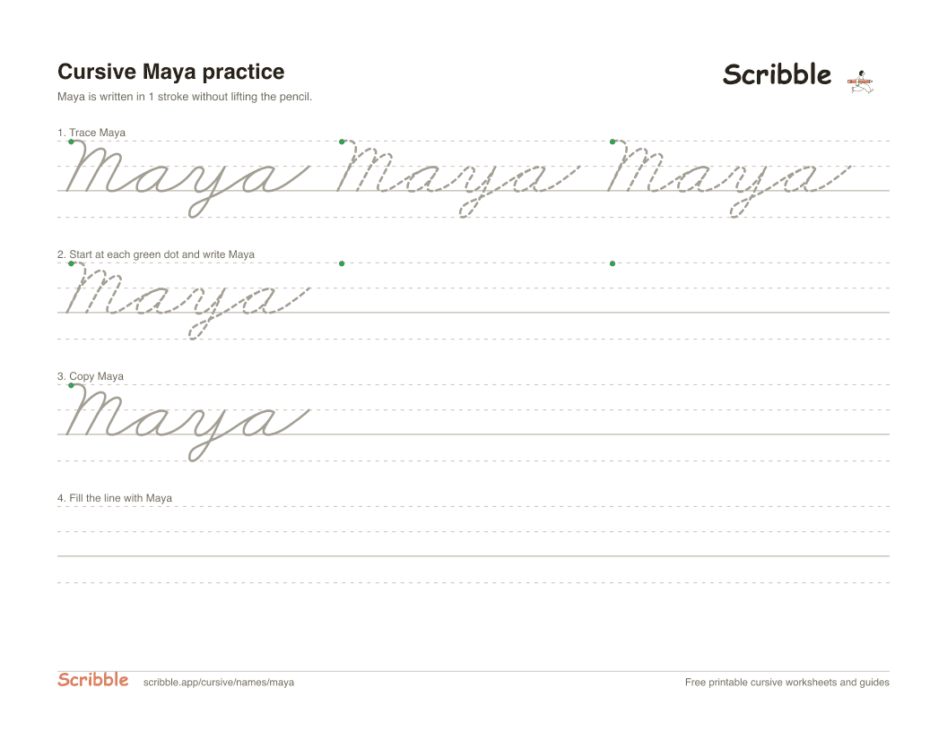 Preview of the printable Maya in cursive worksheet: trace, copy, and practice rows