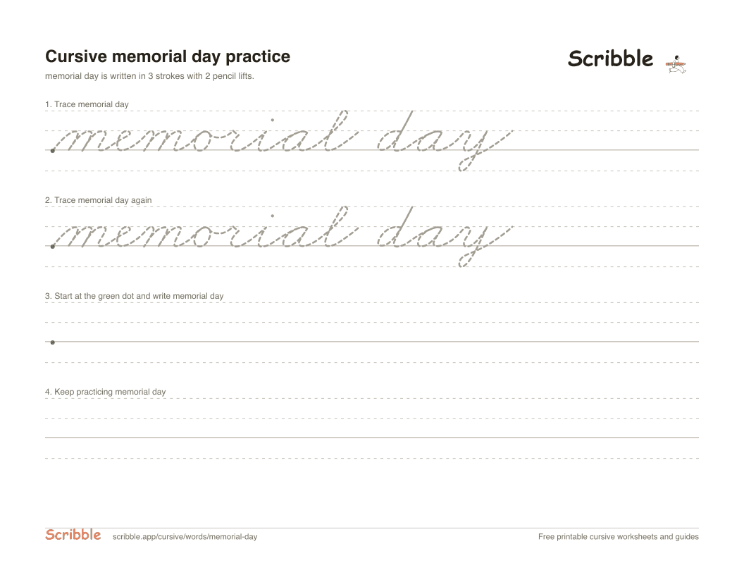 Preview of the printable memorial day in cursive worksheet: trace, copy, and practice rows