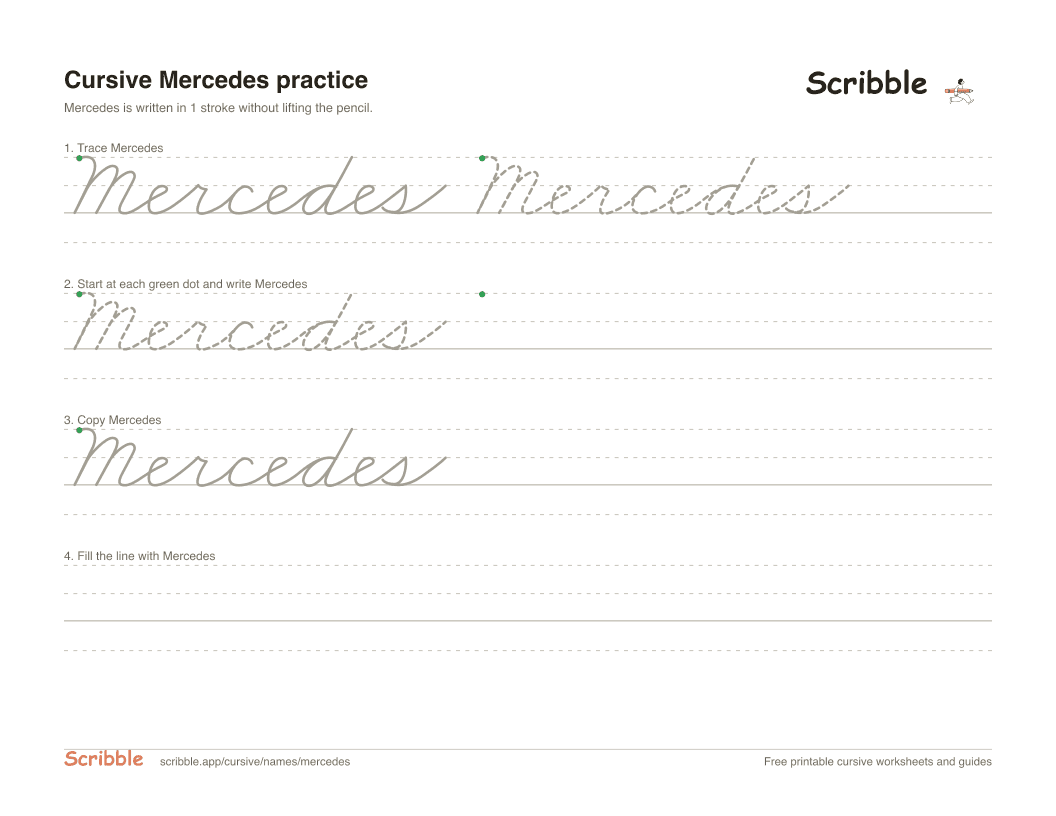 Preview of the printable Mercedes in cursive worksheet: trace, copy, and practice rows