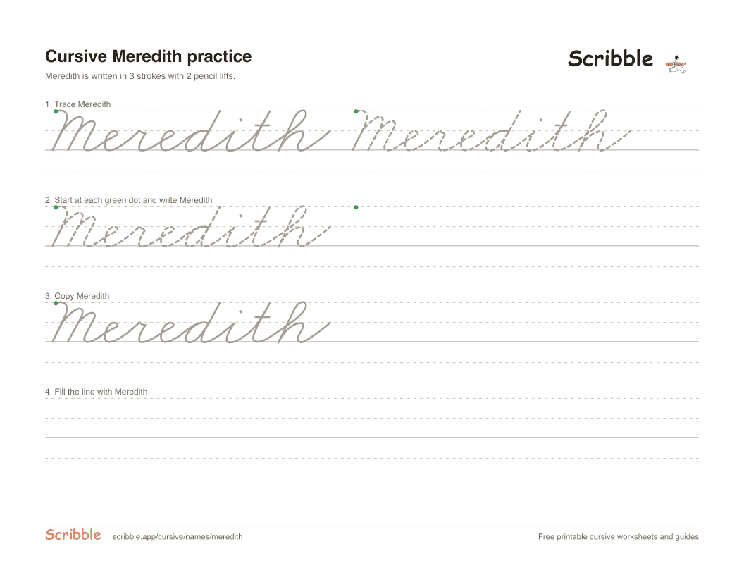 Preview of the printable Meredith in cursive worksheet: trace, copy, and practice rows