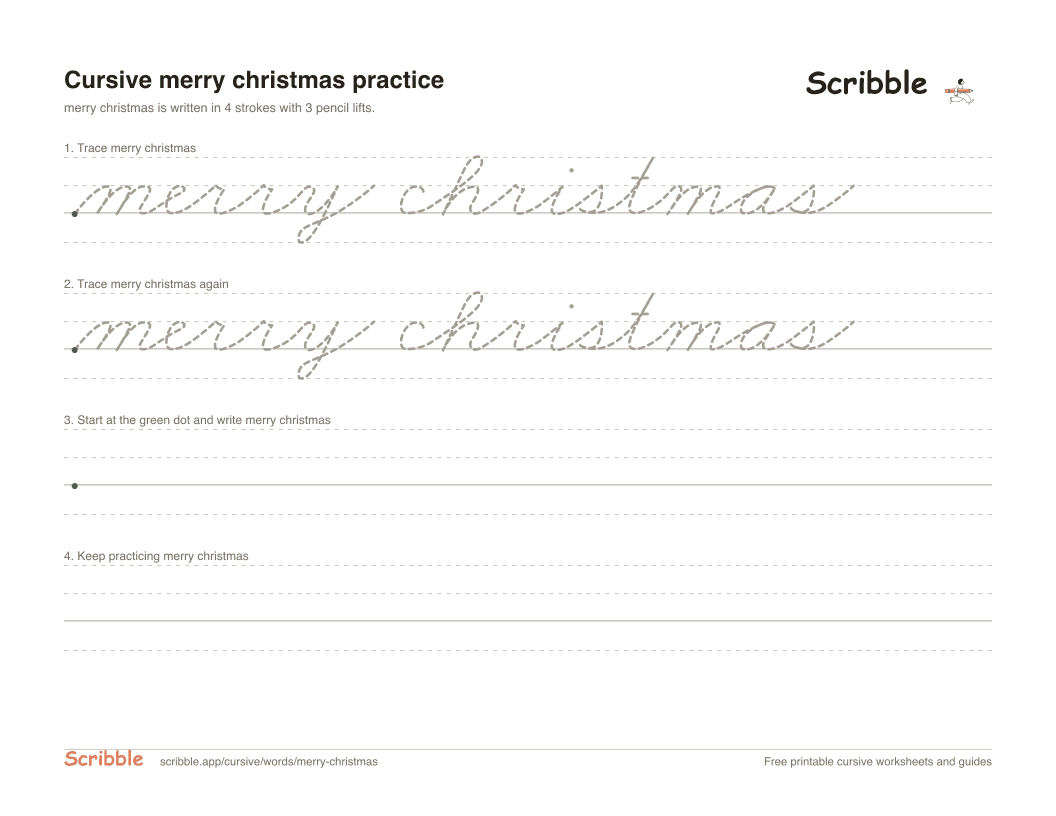 Preview of the printable merry christmas in cursive worksheet: trace, copy, and practice rows