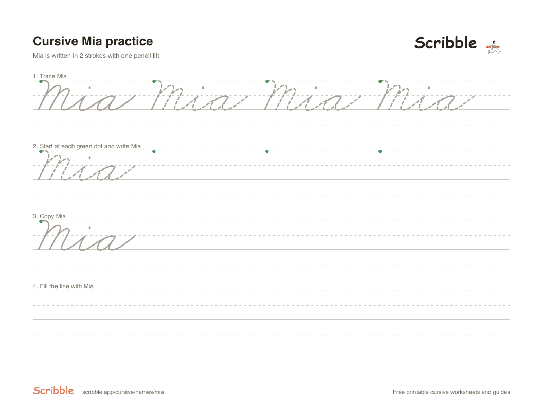 Preview of the printable Mia in cursive worksheet: trace, copy, and practice rows