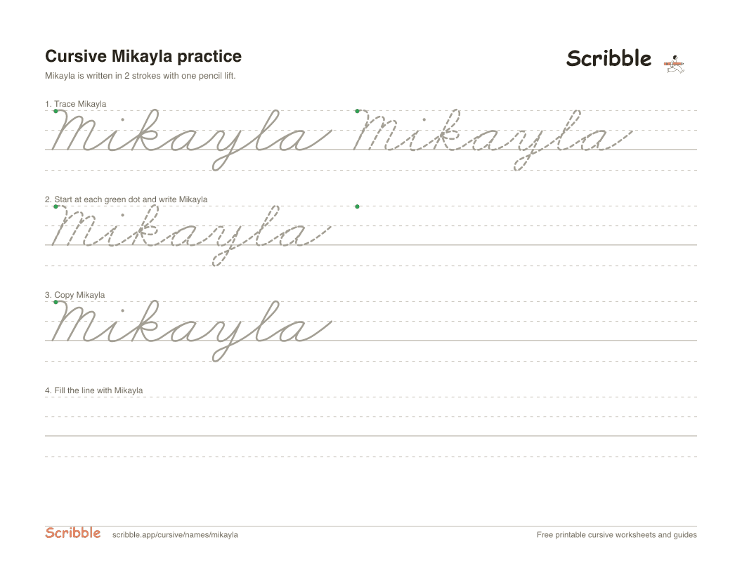Preview of the printable Mikayla in cursive worksheet: trace, copy, and practice rows