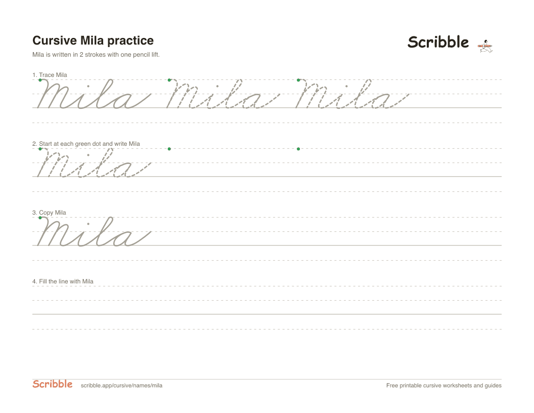 Preview of the printable Mila in cursive worksheet: trace, copy, and practice rows