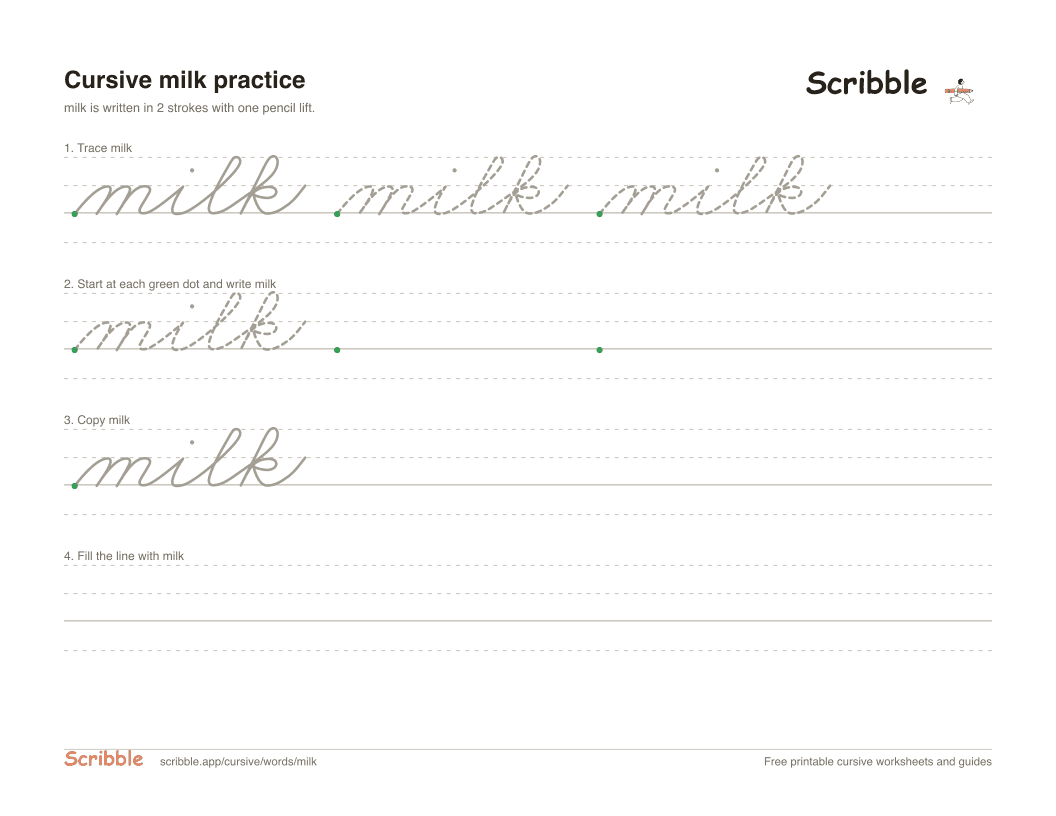 Preview of the printable milk in cursive worksheet: trace, copy, and practice rows