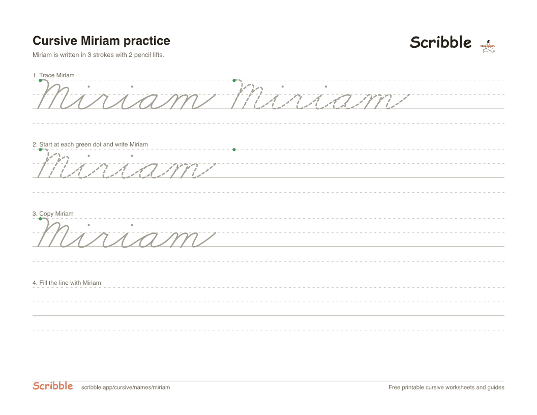 Preview of the printable Miriam in cursive worksheet: trace, copy, and practice rows