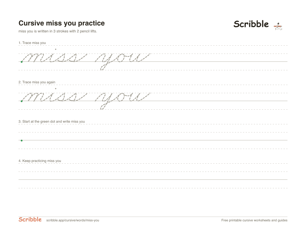 Preview of the printable miss you in cursive worksheet: trace, copy, and practice rows