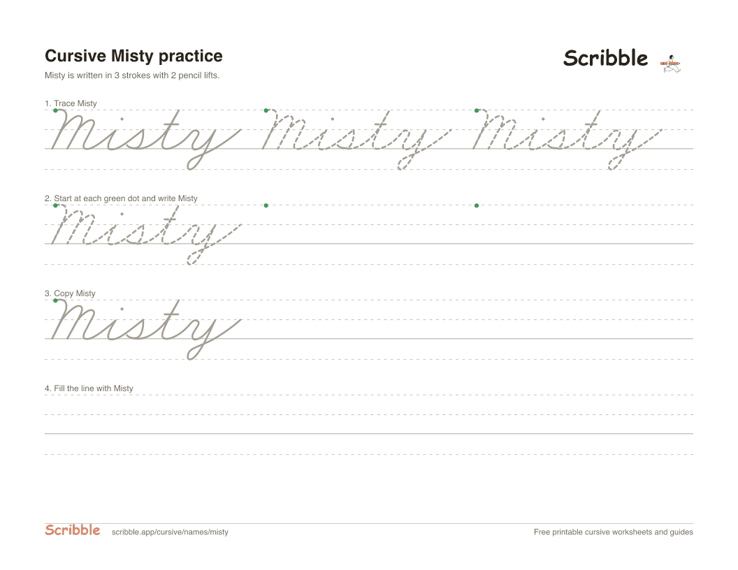 Preview of the printable Misty in cursive worksheet: trace, copy, and practice rows