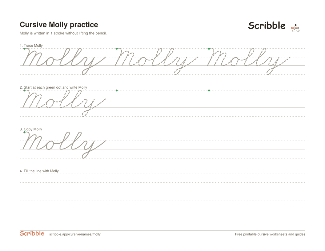 Preview of the printable Molly in cursive worksheet: trace, copy, and practice rows